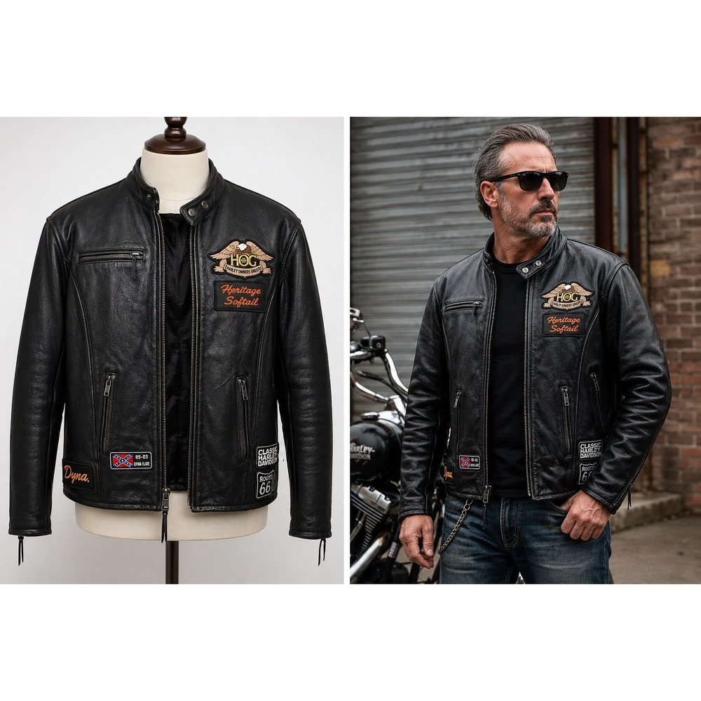 Wilsons Leather Motorcycle Jacket XL Black Biker Harley Davidson Patches